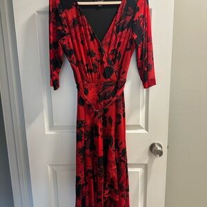Connected Apparel Elegant Red and Black Floral Dress